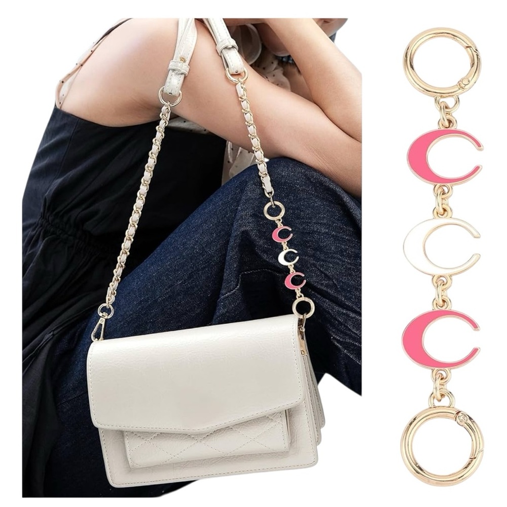 Crescent Moon NWOT Purse Extender/Keychain Pink and White Gold Tone Accents